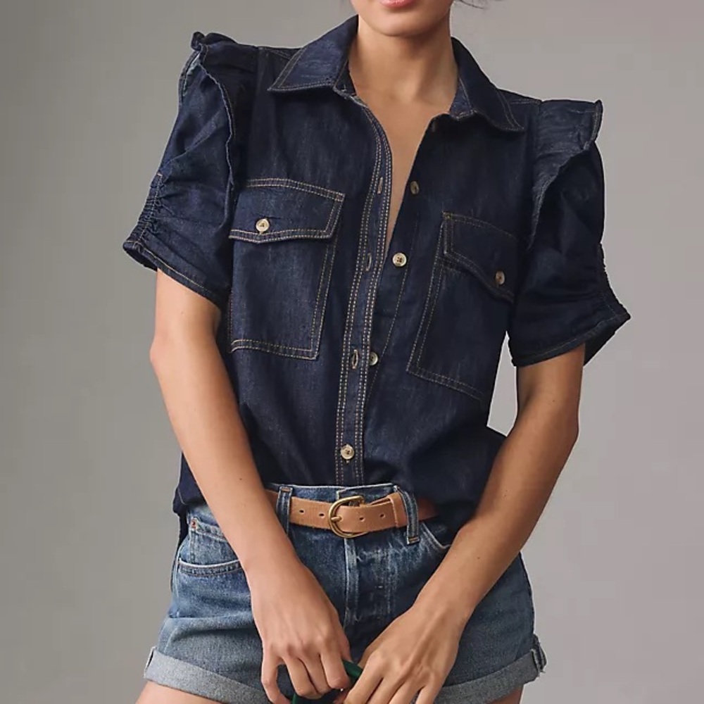 Anthropologie Dark Navy Denim Button-Down Shirt with Ruffle Shoulders